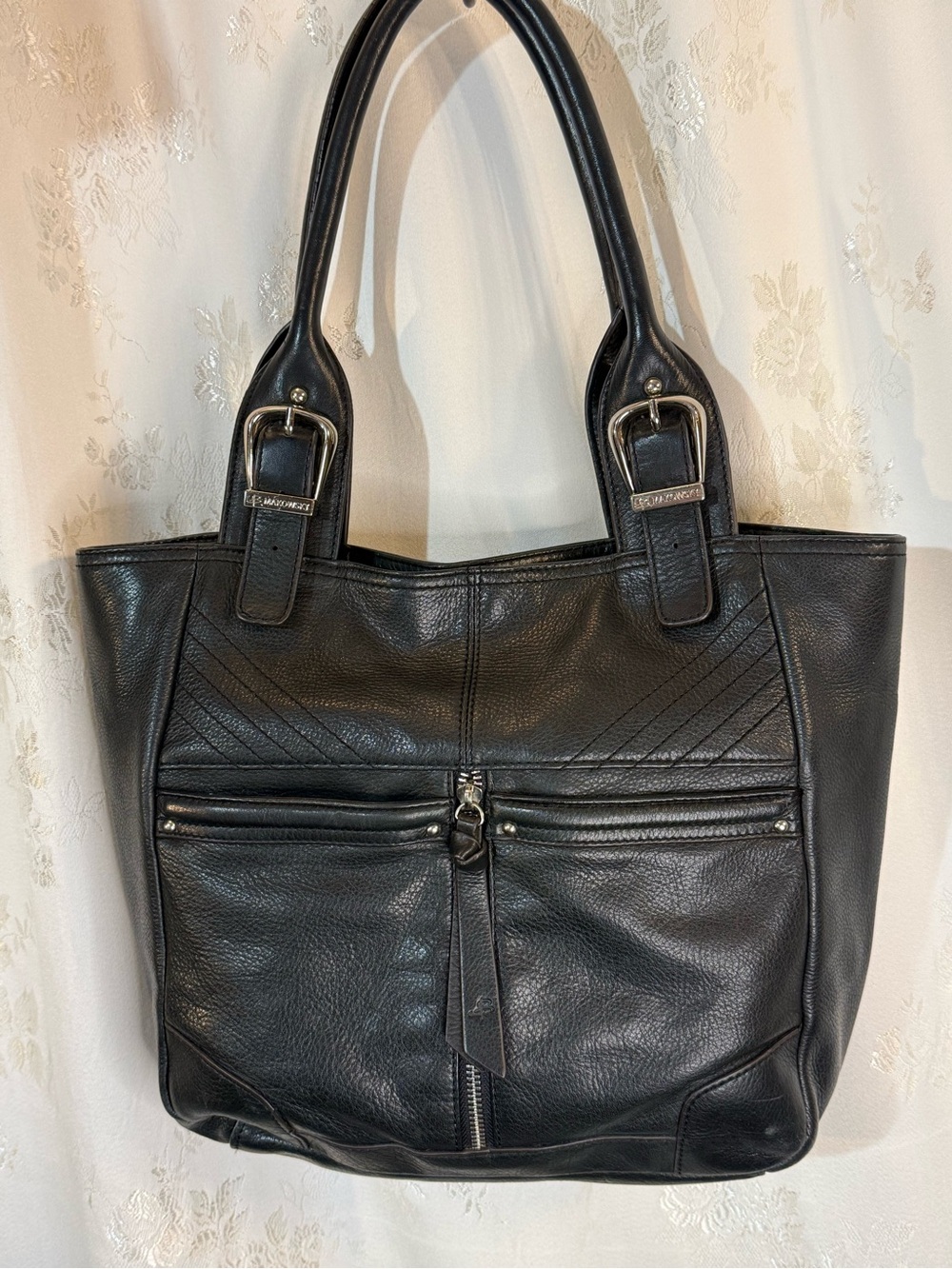 b. makowsky Black Leather Double-Handle Shoulder Tote